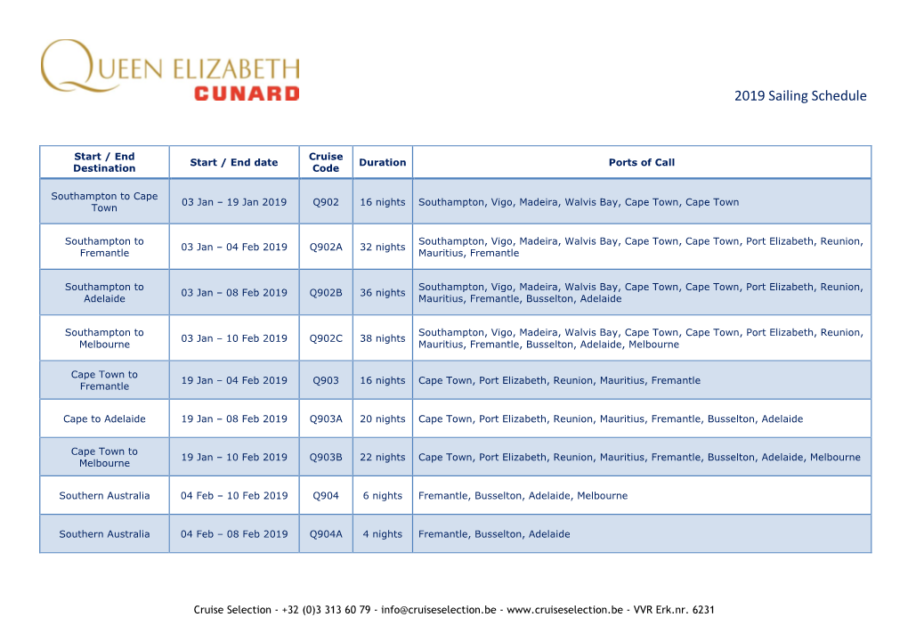 2019 Sailing Schedule