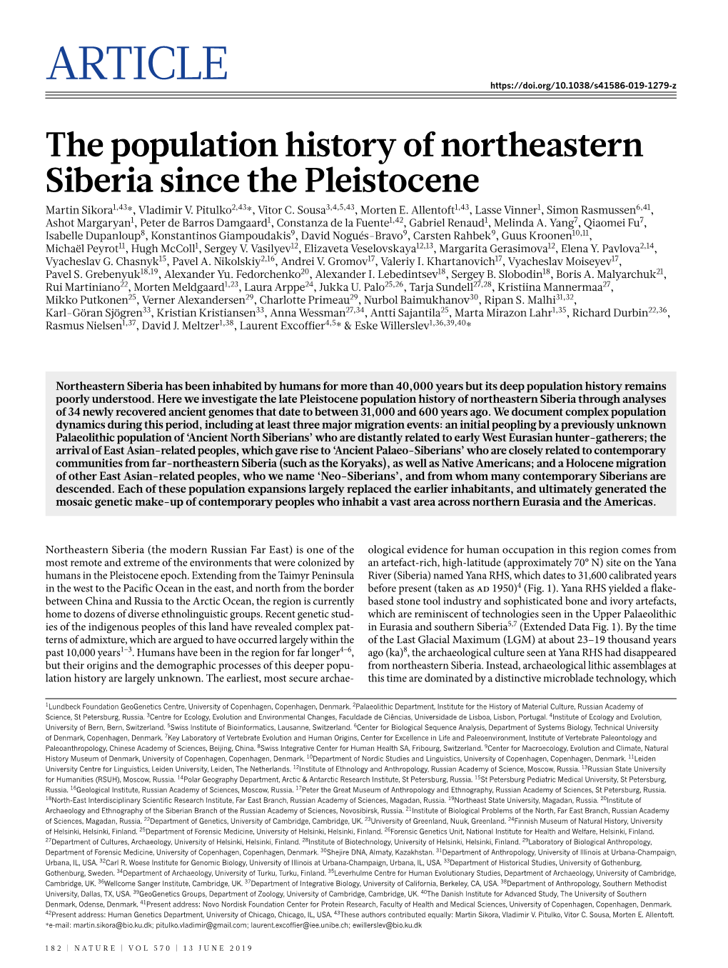 The Population History of Northeastern Siberia Since the Pleistocene Martin Sikora1,43*, Vladimir V