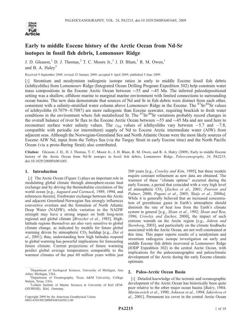 Early to Middle Eocene History of the Arctic Ocean from Nd-Sr Isotopes in Fossil Fish Debris, Lomonosov Ridge J