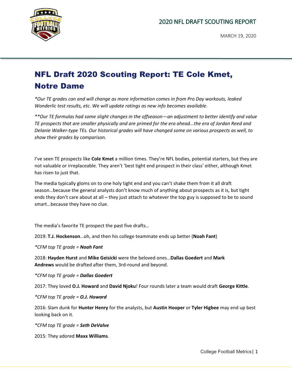 NFL Draft 2020 Scouting Report: TE Cole Kmet, Notre Dame