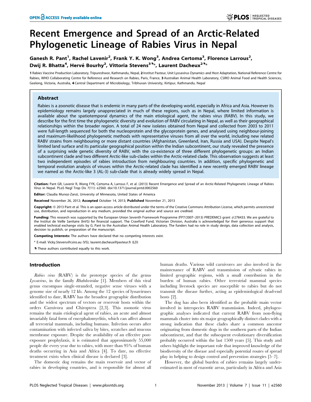 Recent Emergence and Spread of an Arctic-Related Phylogenetic Lineage of Rabies Virus in Nepal