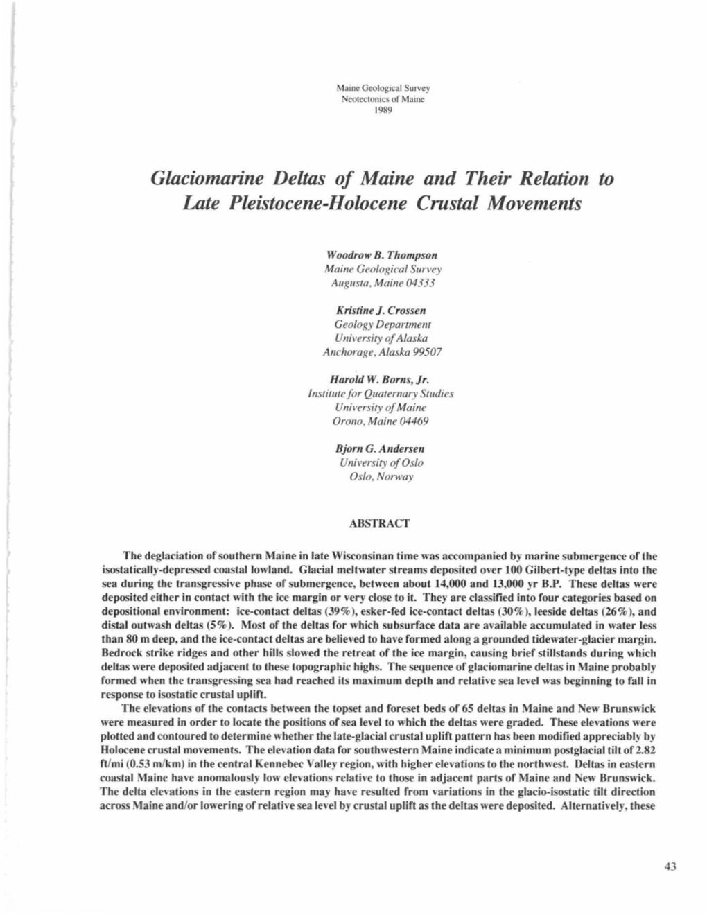 Glaciomarine Deltas of Maine and Their Relation to Late Pleistocene-Holocene Crustal Movements