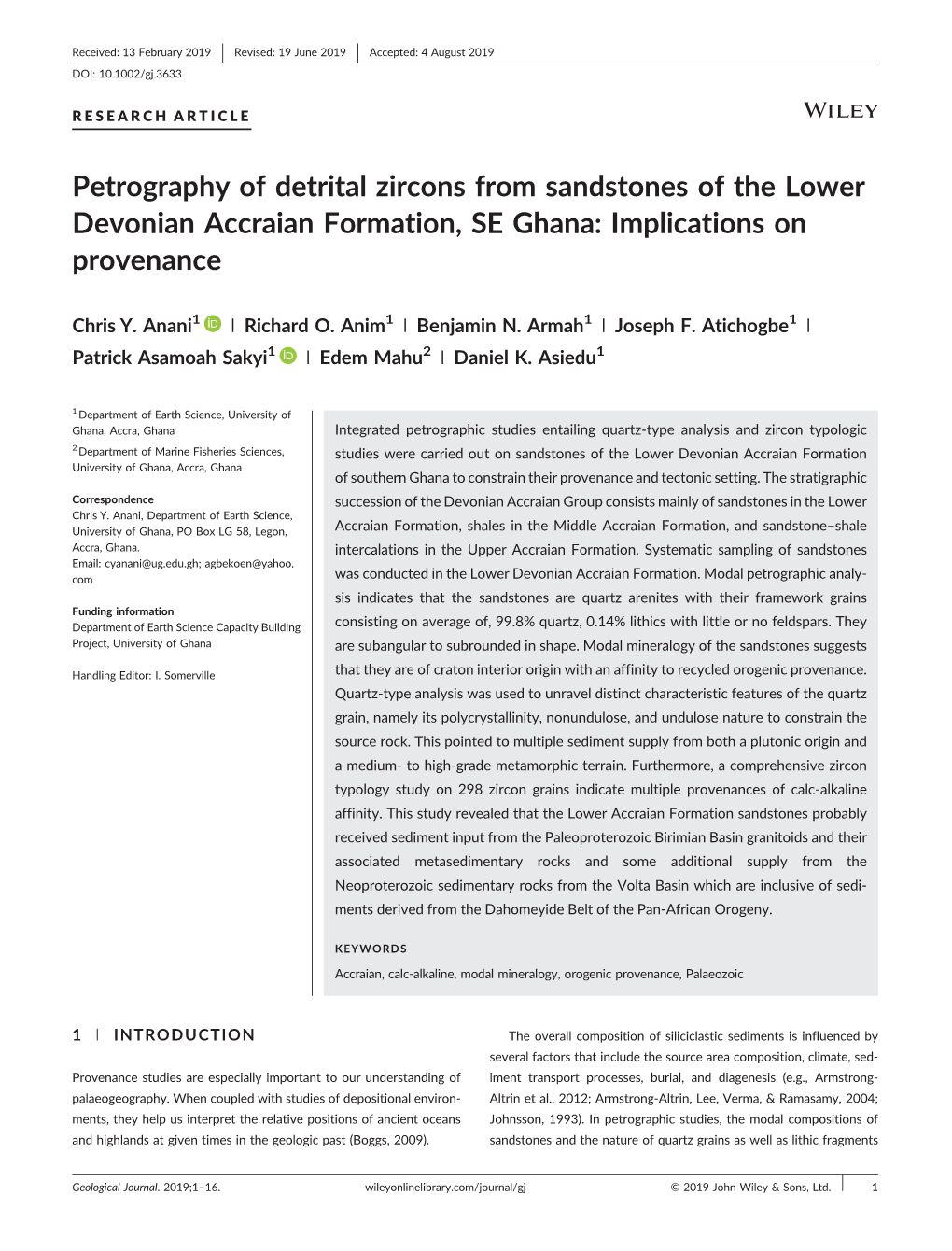 Petrography of Detrital Zircons from Sandstones of the Lower Devonian Accraian Formation, SE Ghana: Implications on Provenance