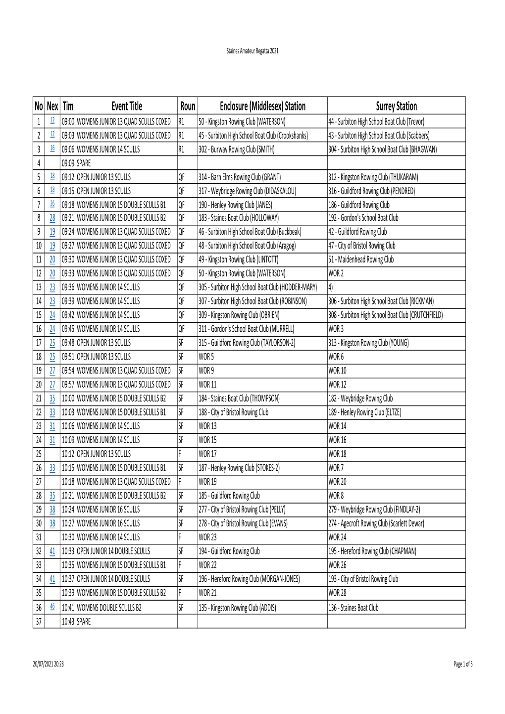 Timetable 2021