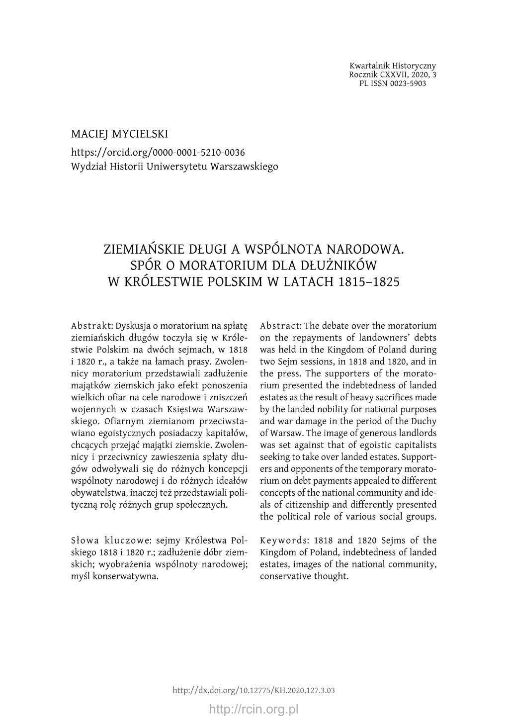 Ziemiańskie Długi a Wspólnota Narodowa. Spór O Moratorium Dla Dłużników W Królestwie Polskim W Latach 1815–1825