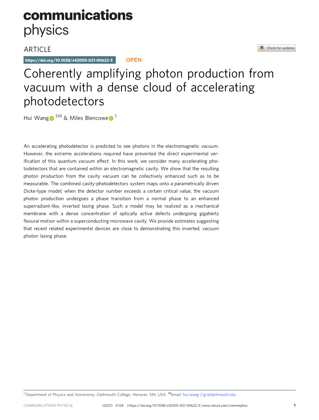 Coherently Amplifying Photon Production from Vacuum with a Dense Cloud of Accelerating Photodetectors ✉ Hui Wang 1 & Miles Blencowe 1