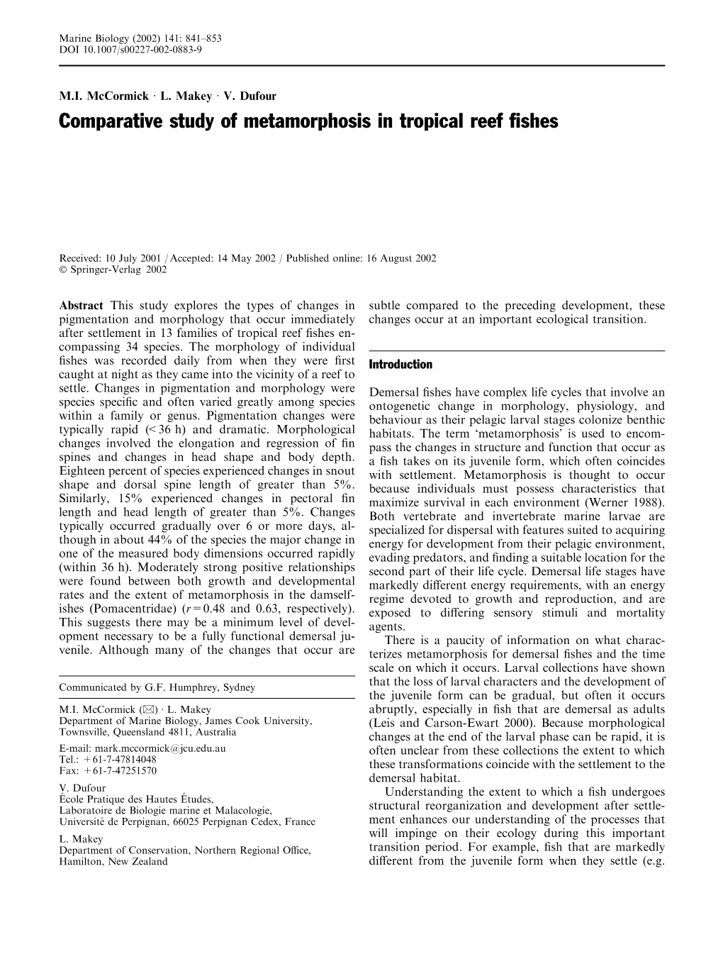 Comparative Study of Metamorphosis in Tropical Reef Fishes