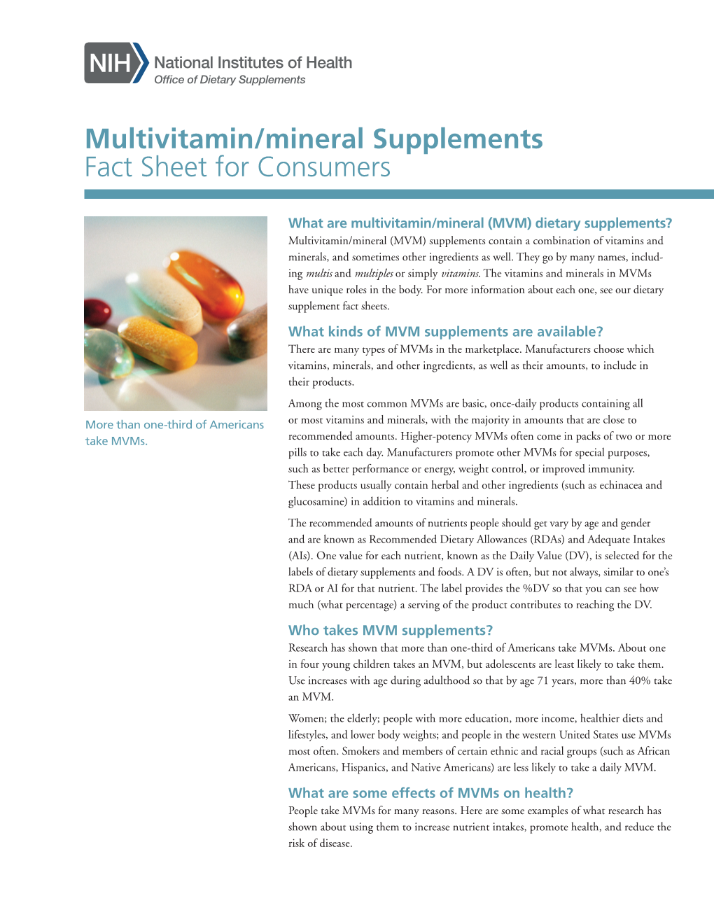 Multivitamin/Mineral Supplements Fact Sheet for Consumers