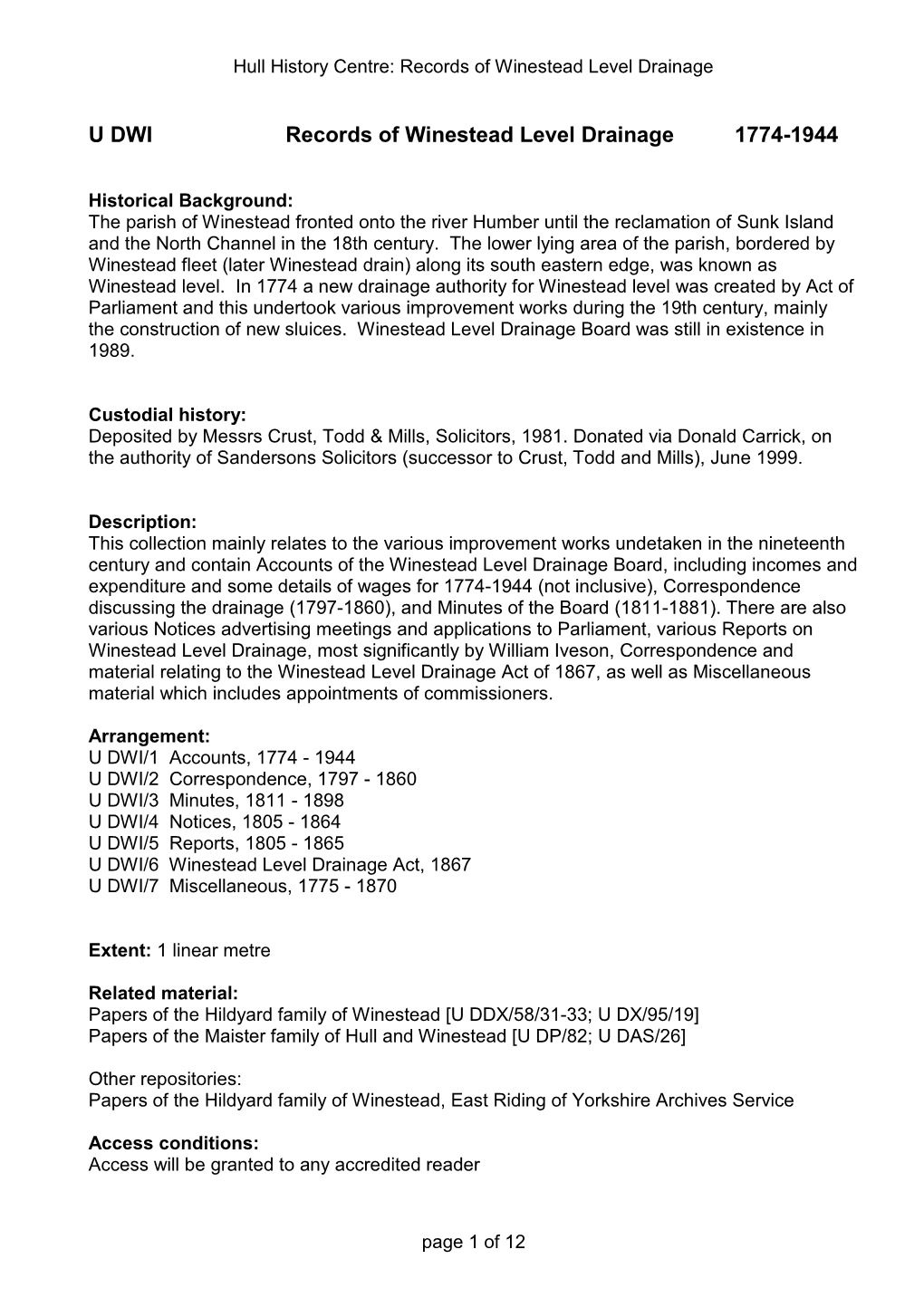 U DWI Records of Winestead Level Drainage 1774-1944