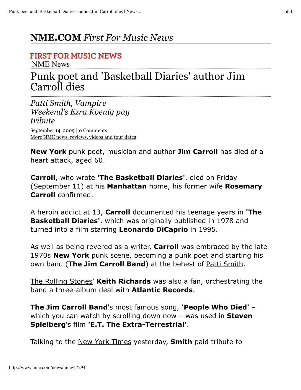 “Punk Poet and 'Basketball Diaries' Author Jim Carroll Dies | News