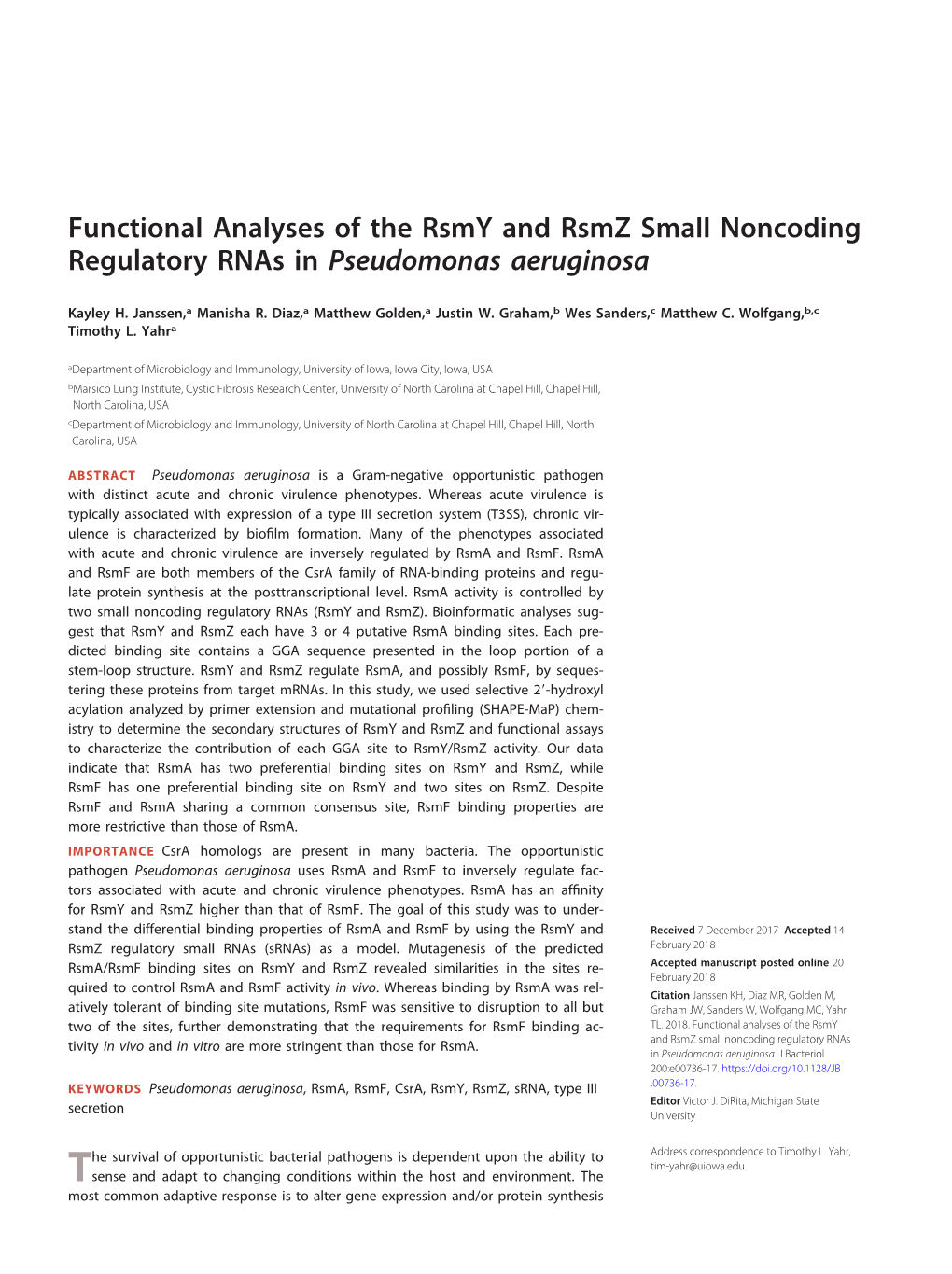 Functional Analyses of the Rsmy and Rsmz Small Noncoding Regulatory Rnas in Pseudomonas Aeruginosa