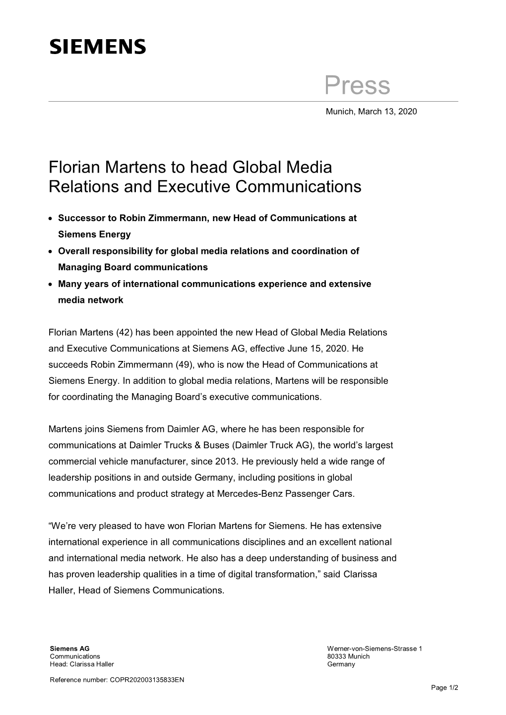Florian Martens to Head Global Media Relations and Executive Communications