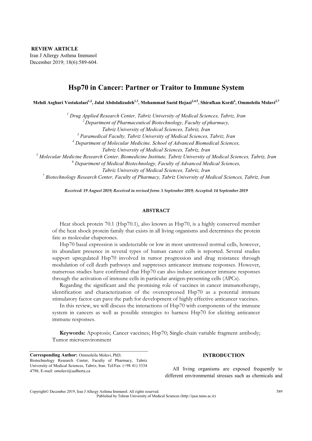 Hsp70 in Cancer: Partner Or Traitor to Immune System