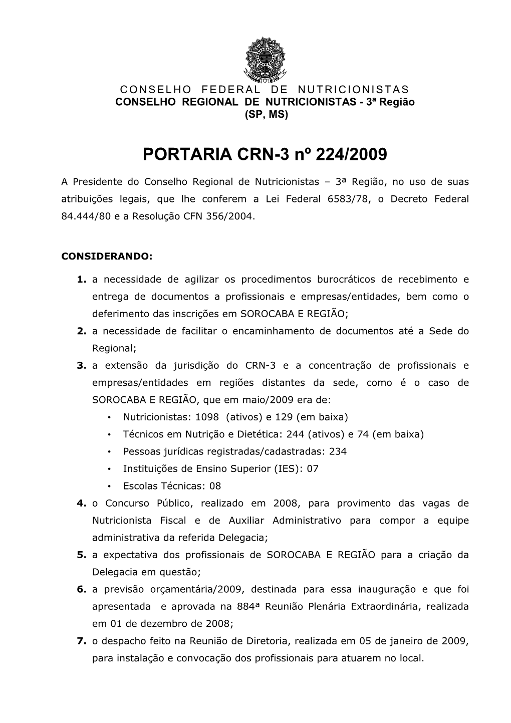 Portaria CRN-3 Nº 0224/2009