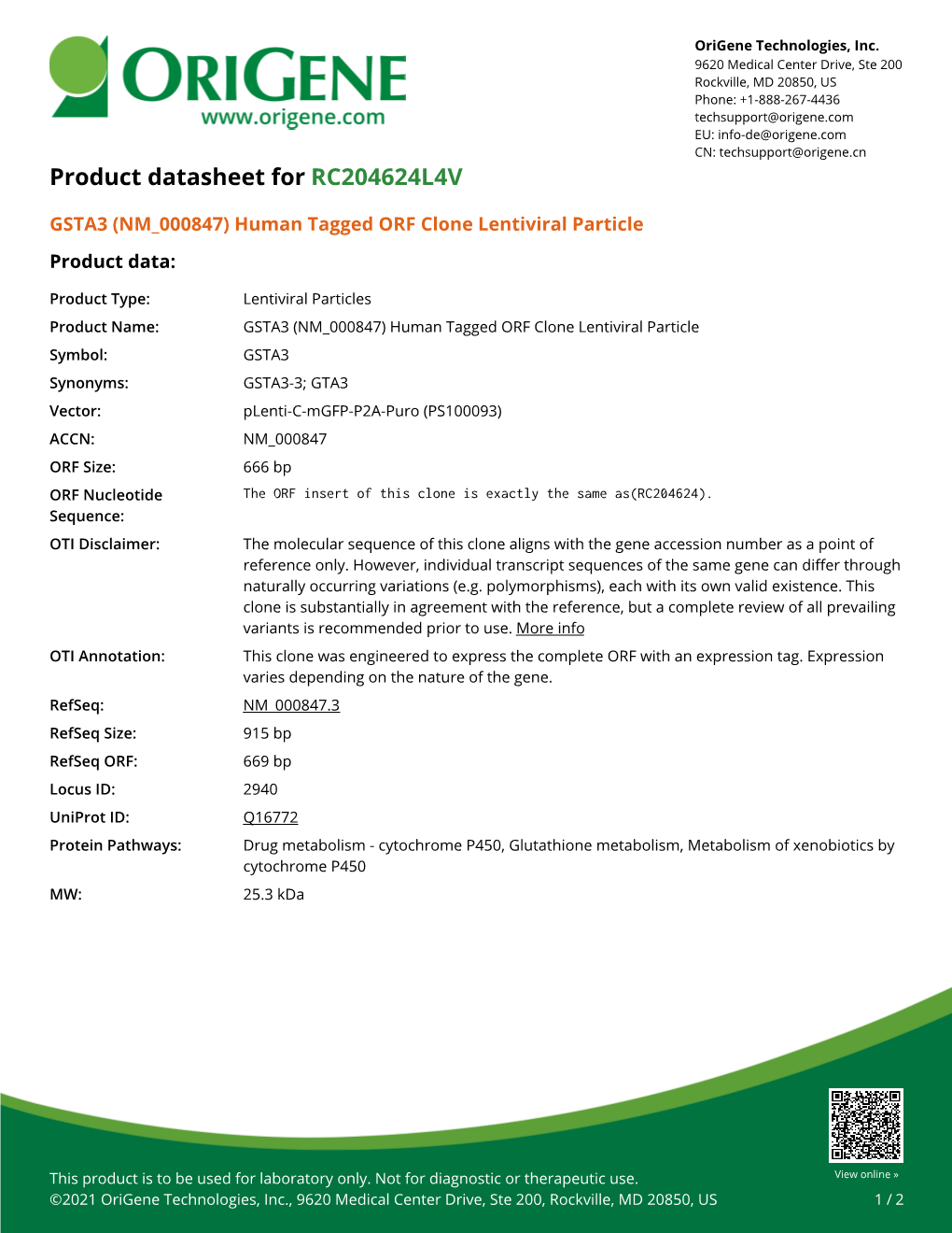 GSTA3 (NM 000847) Human Tagged ORF Clone Lentiviral Particle Product Data