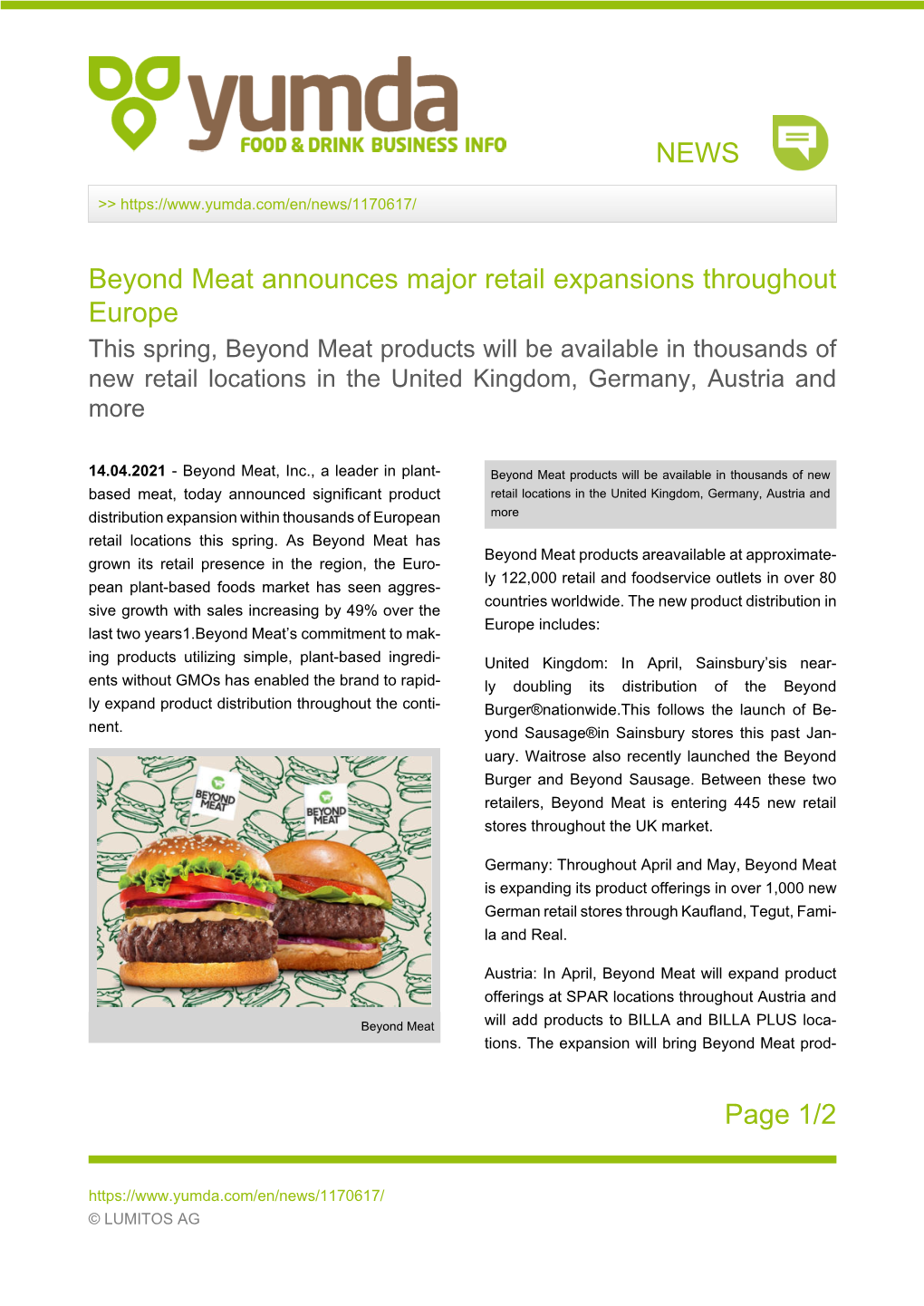 NEWS Page 1/2 Beyond Meat Announces Major Retail Expansions