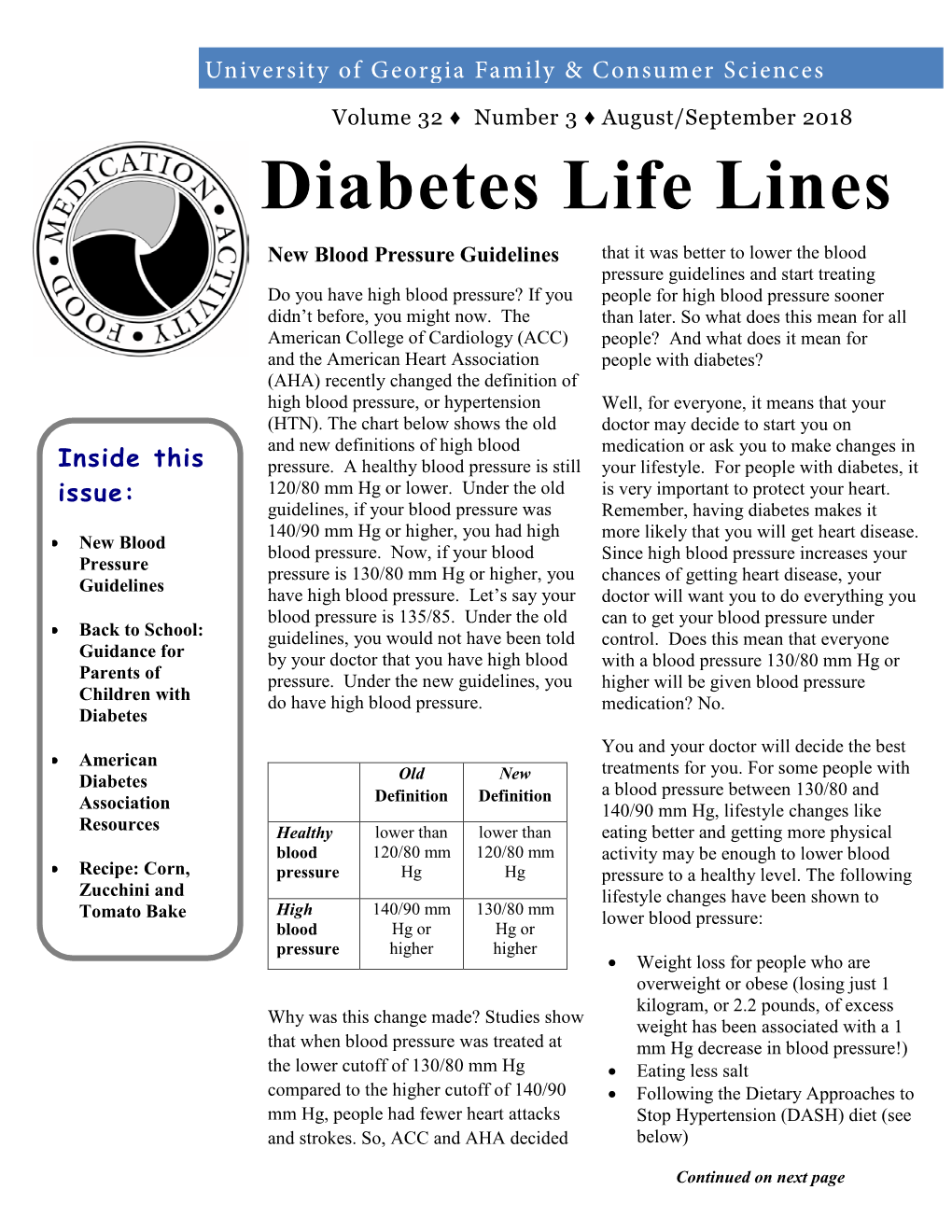 Diabetes Life Lines Newsletter, Vol. 32, No. 3, August/September 2018