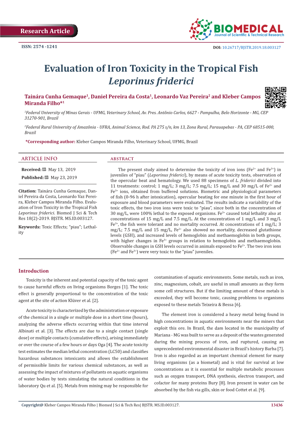 Evaluation of Iron Toxicity in the Tropical Fish Leporinus Friderici