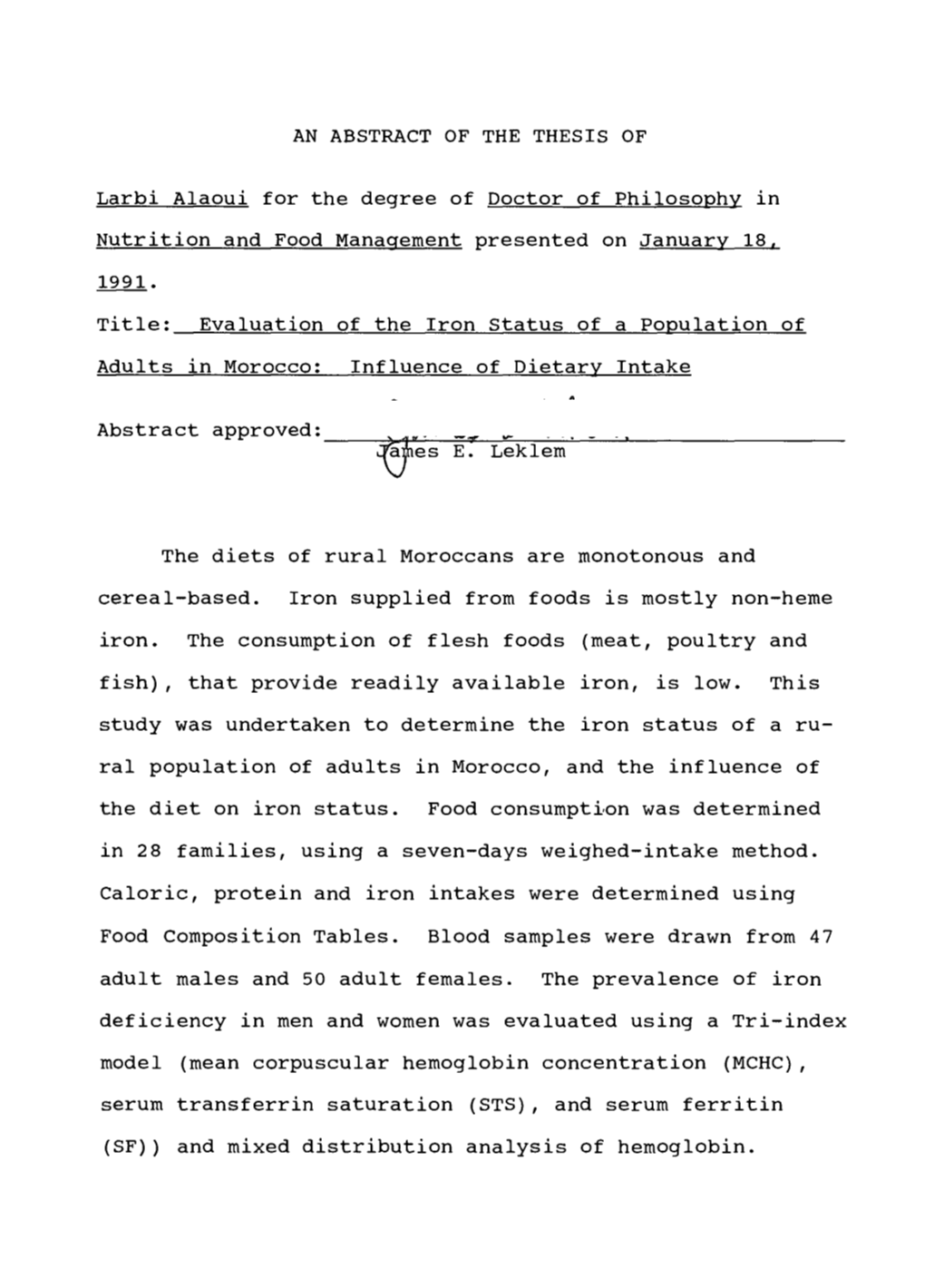 Evaluation of the Iron Status of a Population of Adults in Morocco: Influence of Dietary Intake