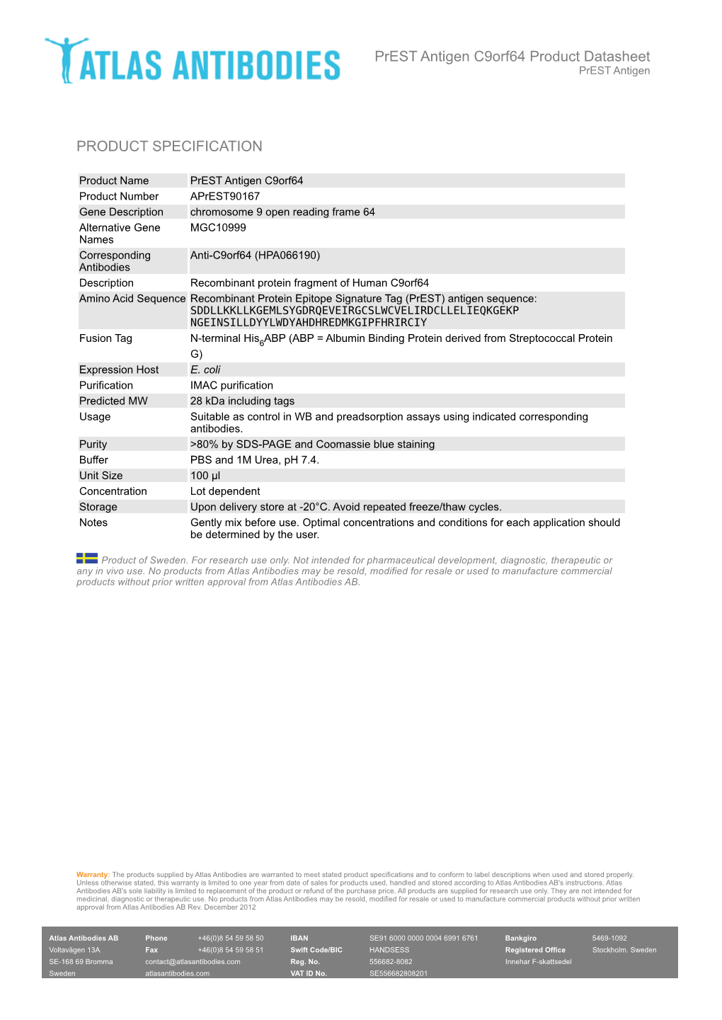 PRODUCT SPECIFICATION Prest Antigen C9orf64 Product