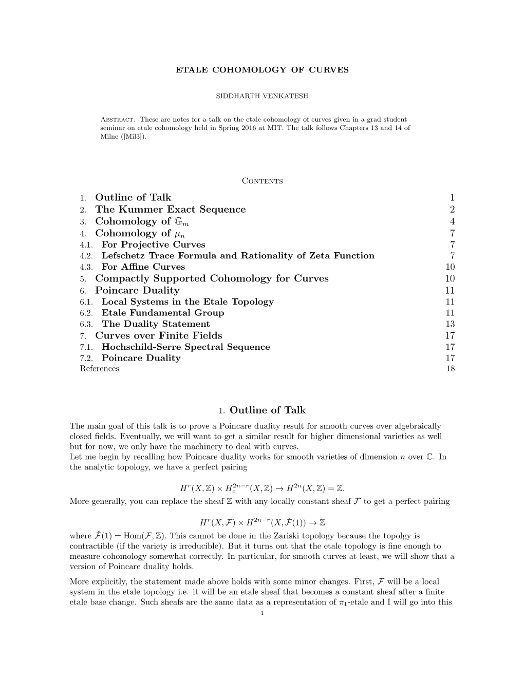 Etale Cohomology of Curves