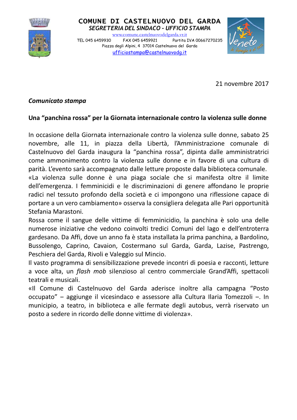 COMUNE DI CASTELNUOVO DEL GARDA 21 Novembre 2017 Comunicato Stampa Una “Panchina Rossa” Per La Giornata Internazionale Contr