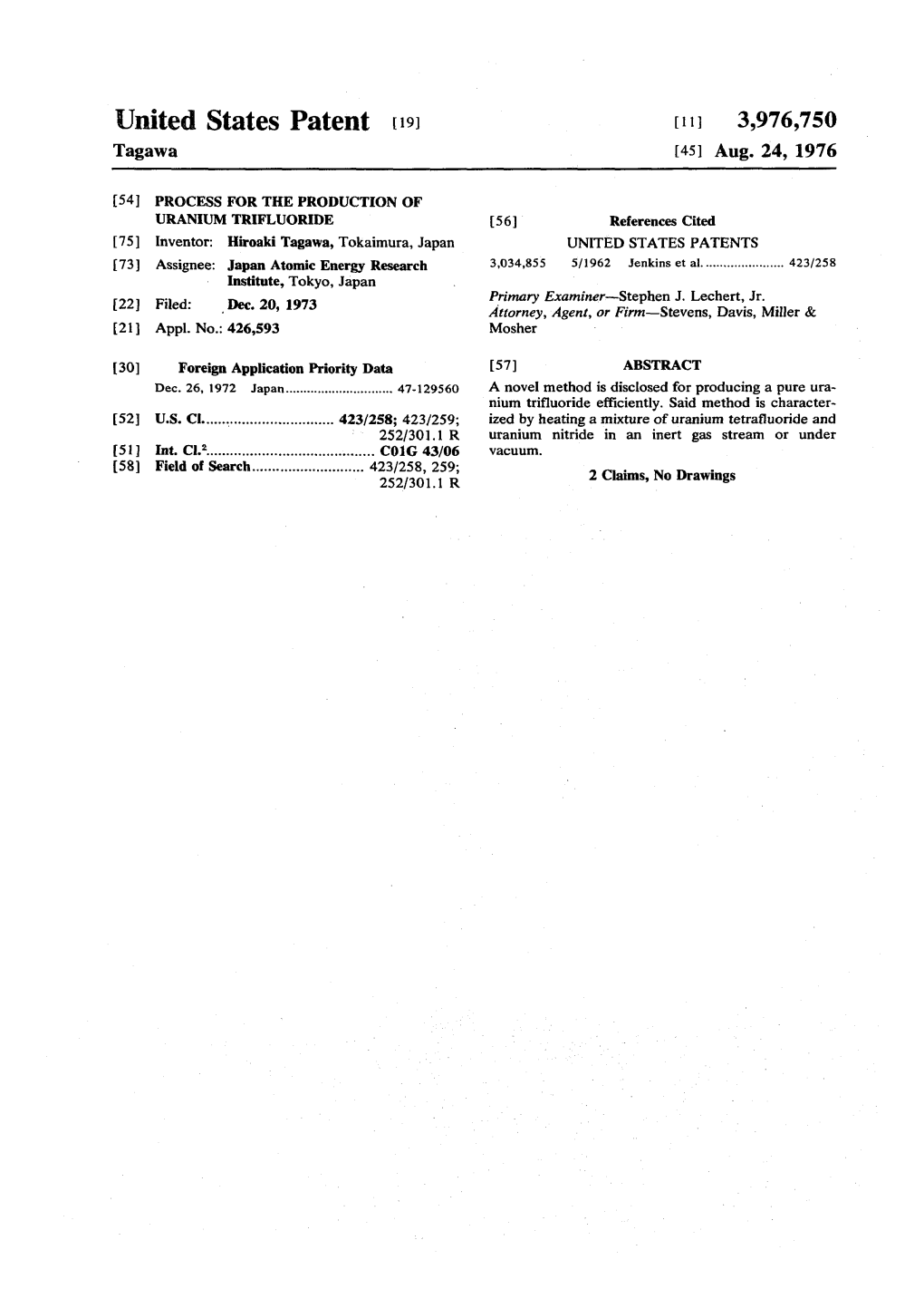 Process for the Production of Uranium Trifluoride