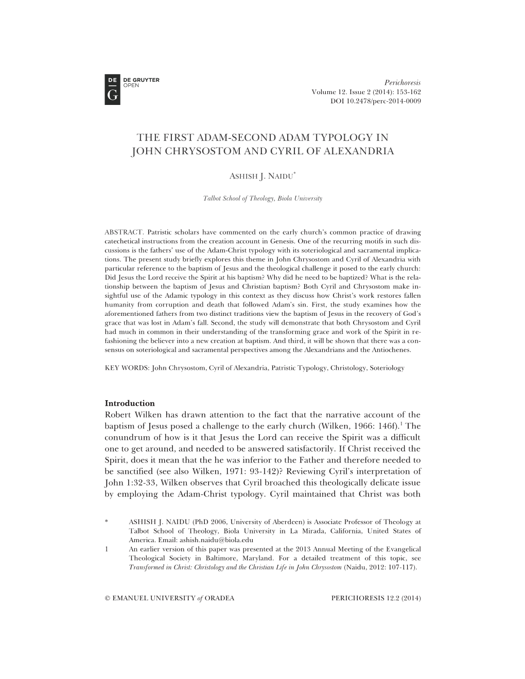 The First Adam-Second Adam Typology in John Chrysostom and Cyril of Alexandria