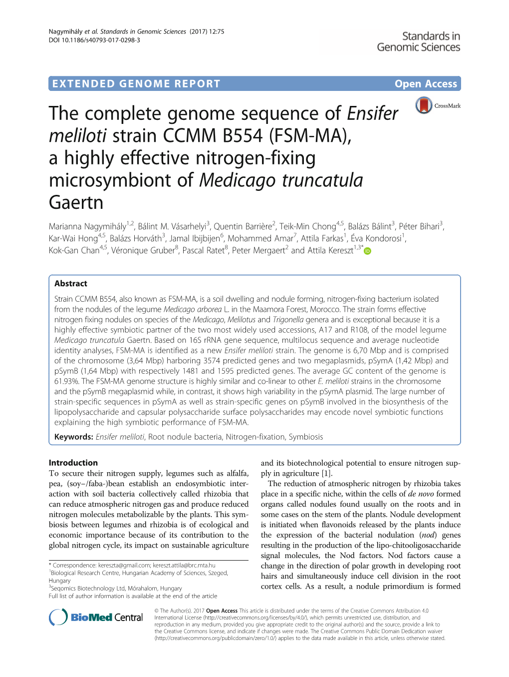 Ensifer Meliloti Strain CCMM B554 (FSM-MA), a Highly Effective Nitrogen-Fixing Microsymbiont of Medicago Truncatula Gaertn Marianna Nagymihály1,2, Bálint M