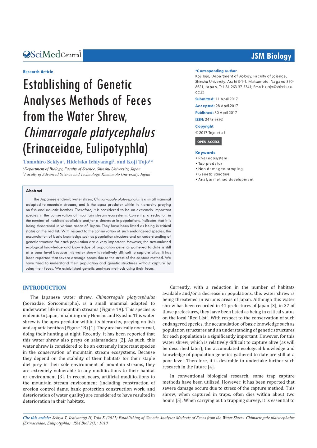 Establishing of Genetic Analyses Methods of Feces from the Water Shrew, Chimarrogale Platycephalus (Erinaceidae, Eulipotyphla)