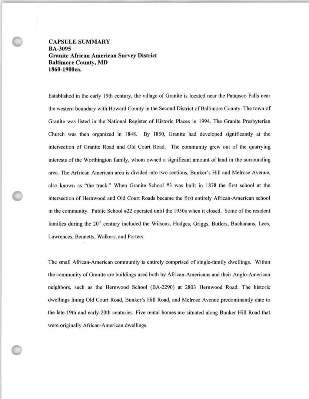 CAPSULE SUMMARY BA-3095 Granite African American Survey District Baltimore County, MD 1860-1900Ca. Established in the Early 19Th