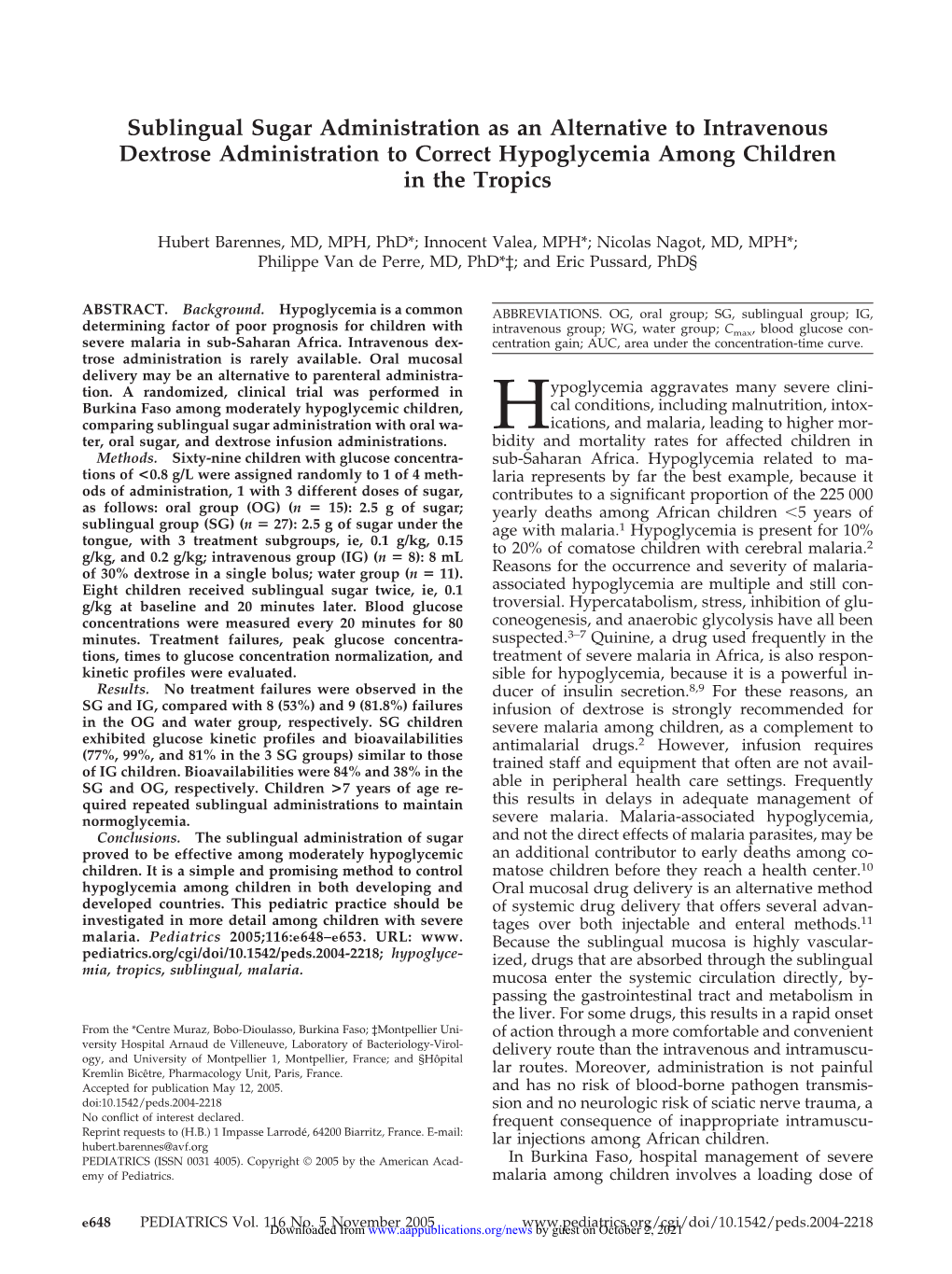 Sublingual Sugar Administration As an Alternative to Intravenous Dextrose Administration to Correct Hypoglycemia Among Children in the Tropics