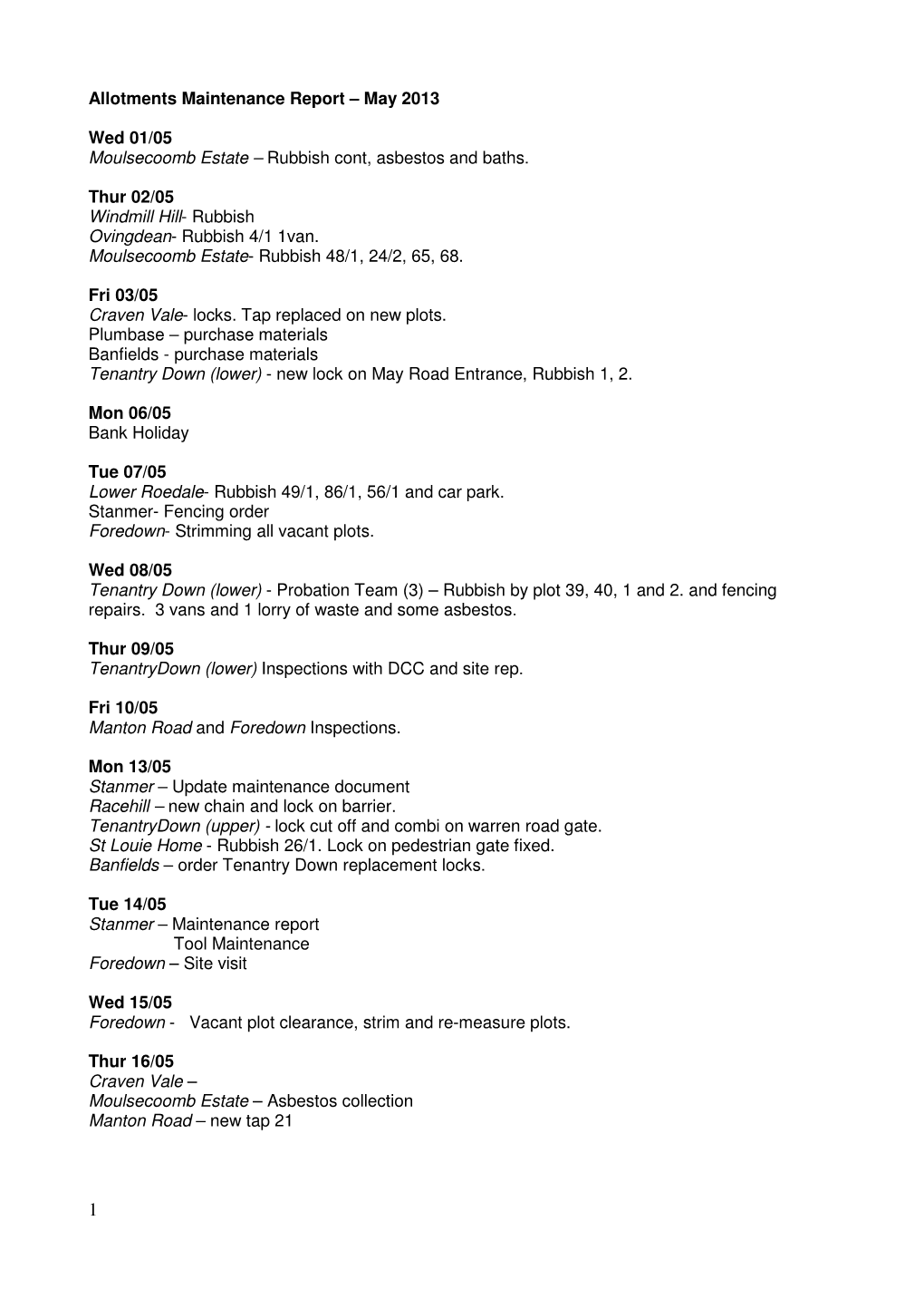 Allotments Maintenance Report – May 2013 Wed 01/05