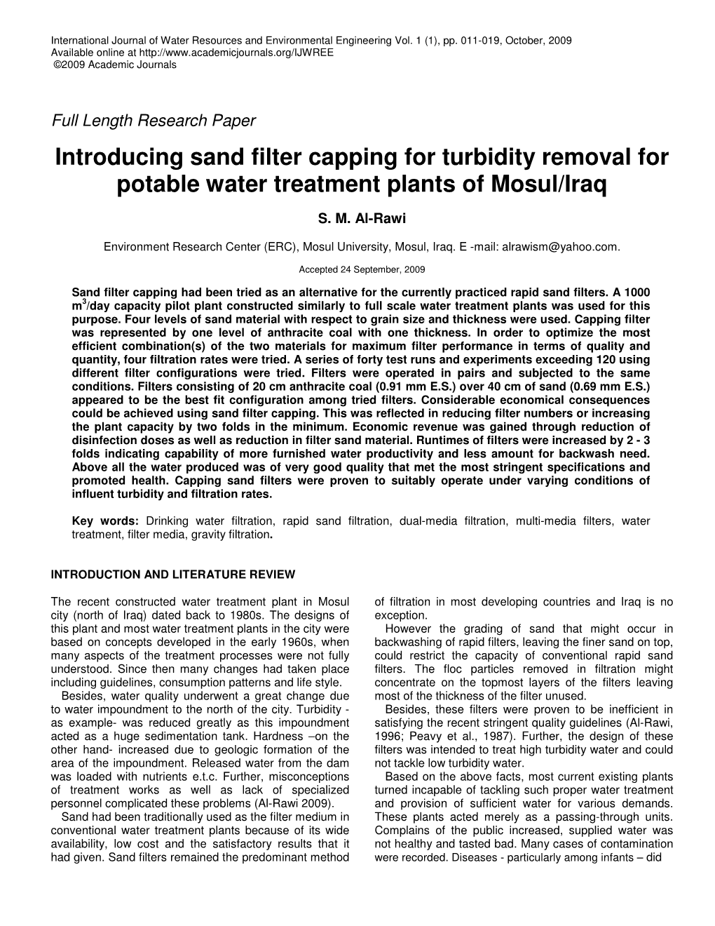 Introducing Sand Filter Capping for Turbidity Removal for Potable Water Treatment Plants of Mosul/Iraq