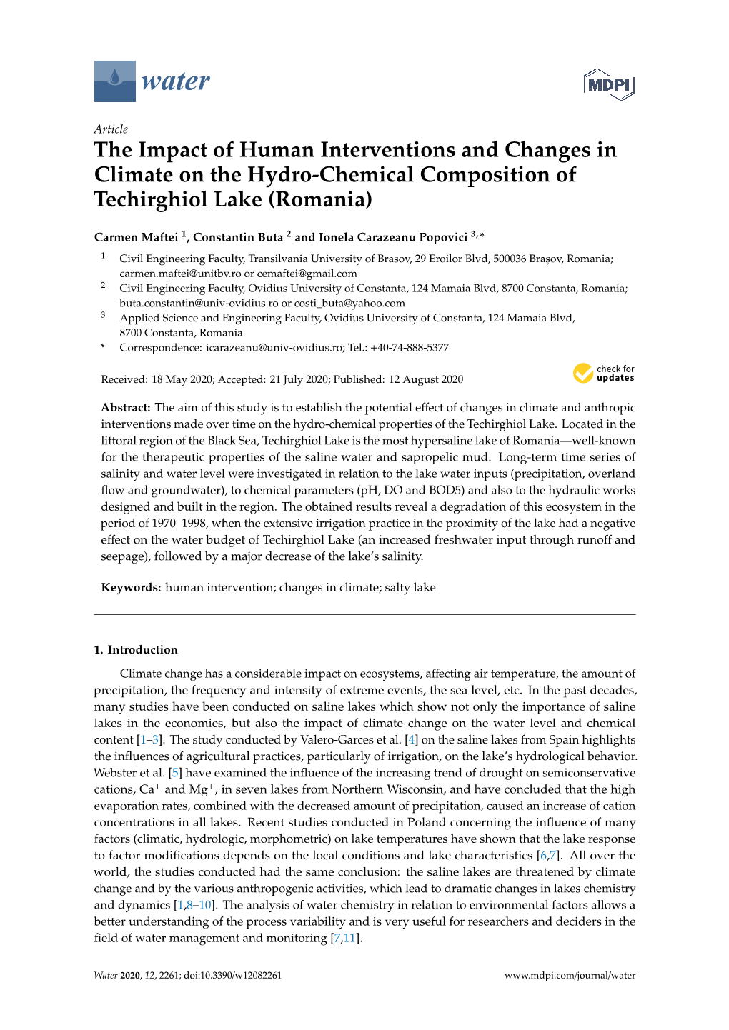 The Impact of Human Interventions and Changes in Climate on the Hydro-Chemical Composition of Techirghiol Lake (Romania)