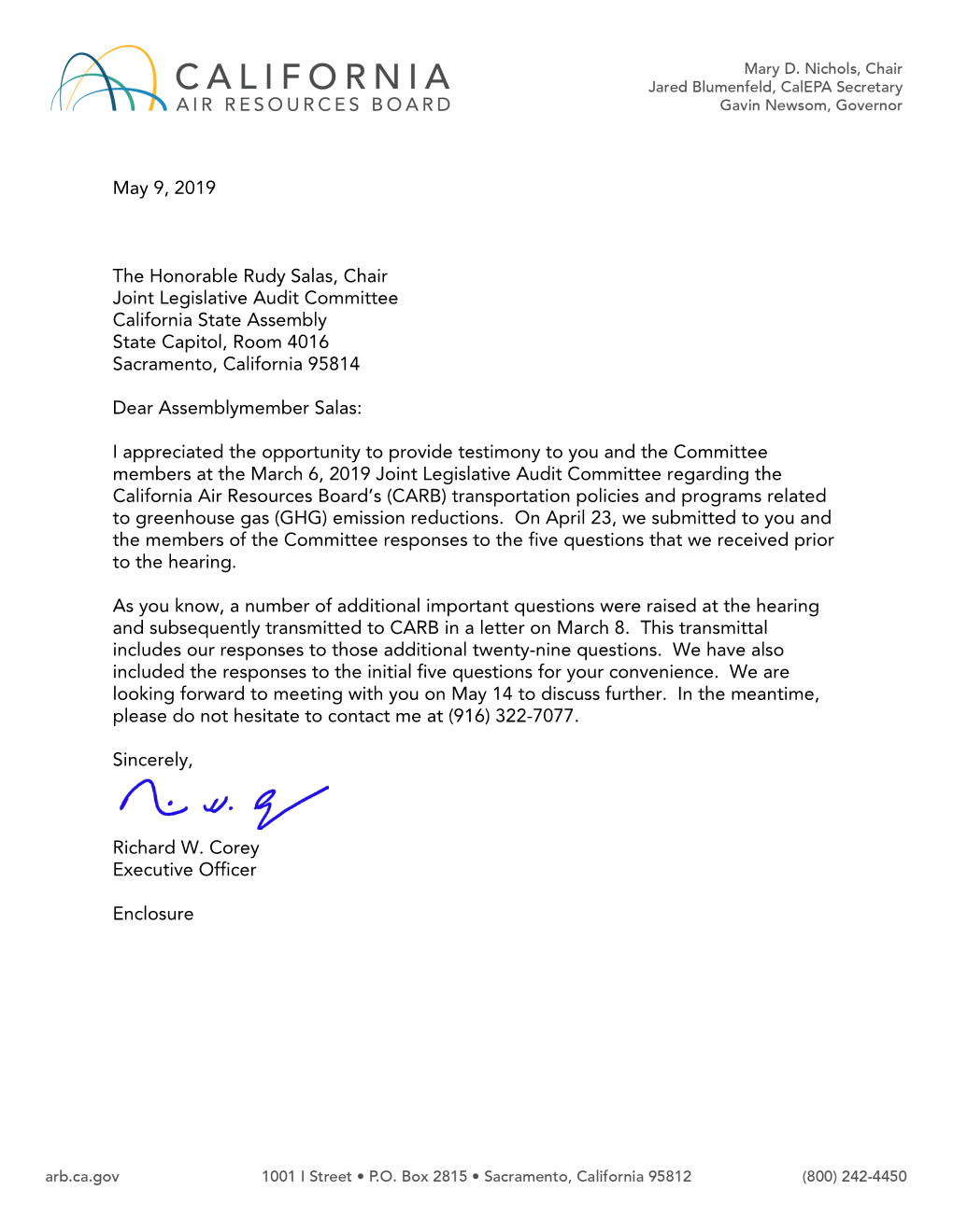 May 9, 2019 the Honorable Rudy Salas, Chair Joint Legislative Audit Committee California State Assembly State Capitol, Room 4016