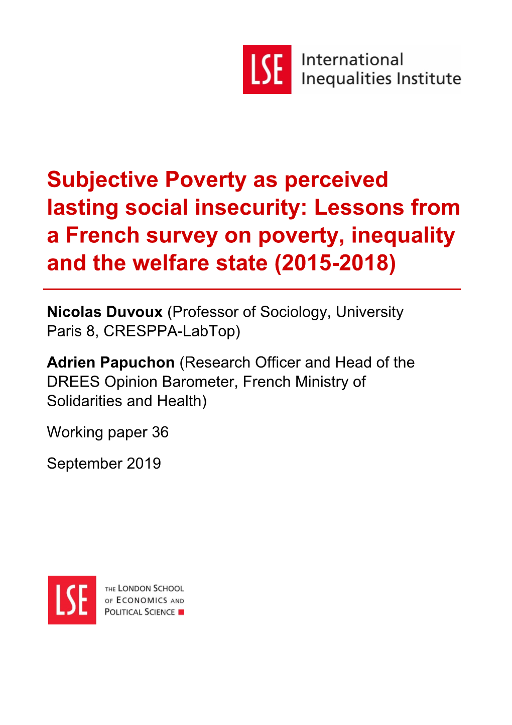 Subjective Poverty As Perceived Lasting Social Insecurity: Lessons from a French Survey on Poverty, Inequality and the Welfare State (2015-2018)