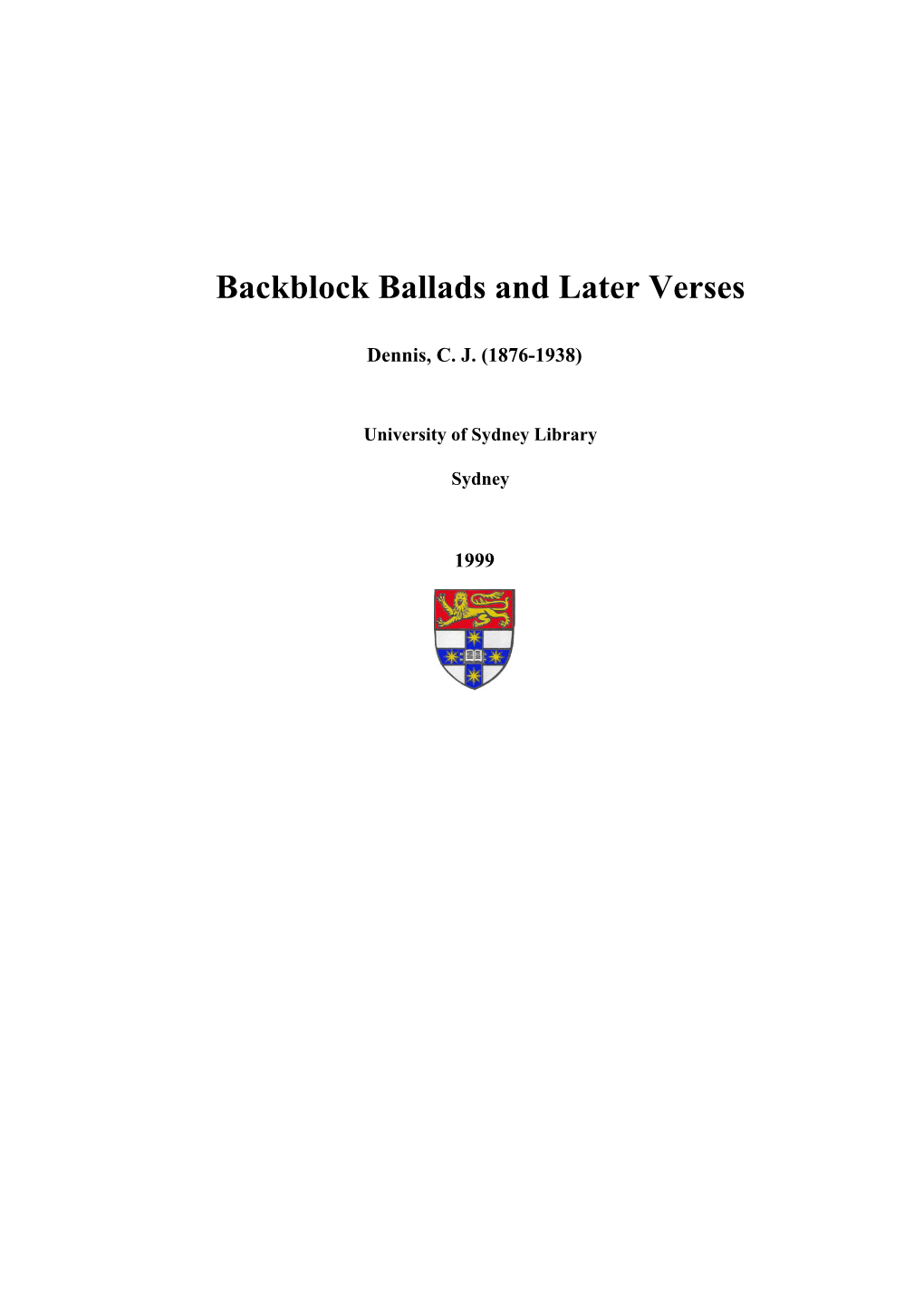 Backblock Ballads and Later Verses