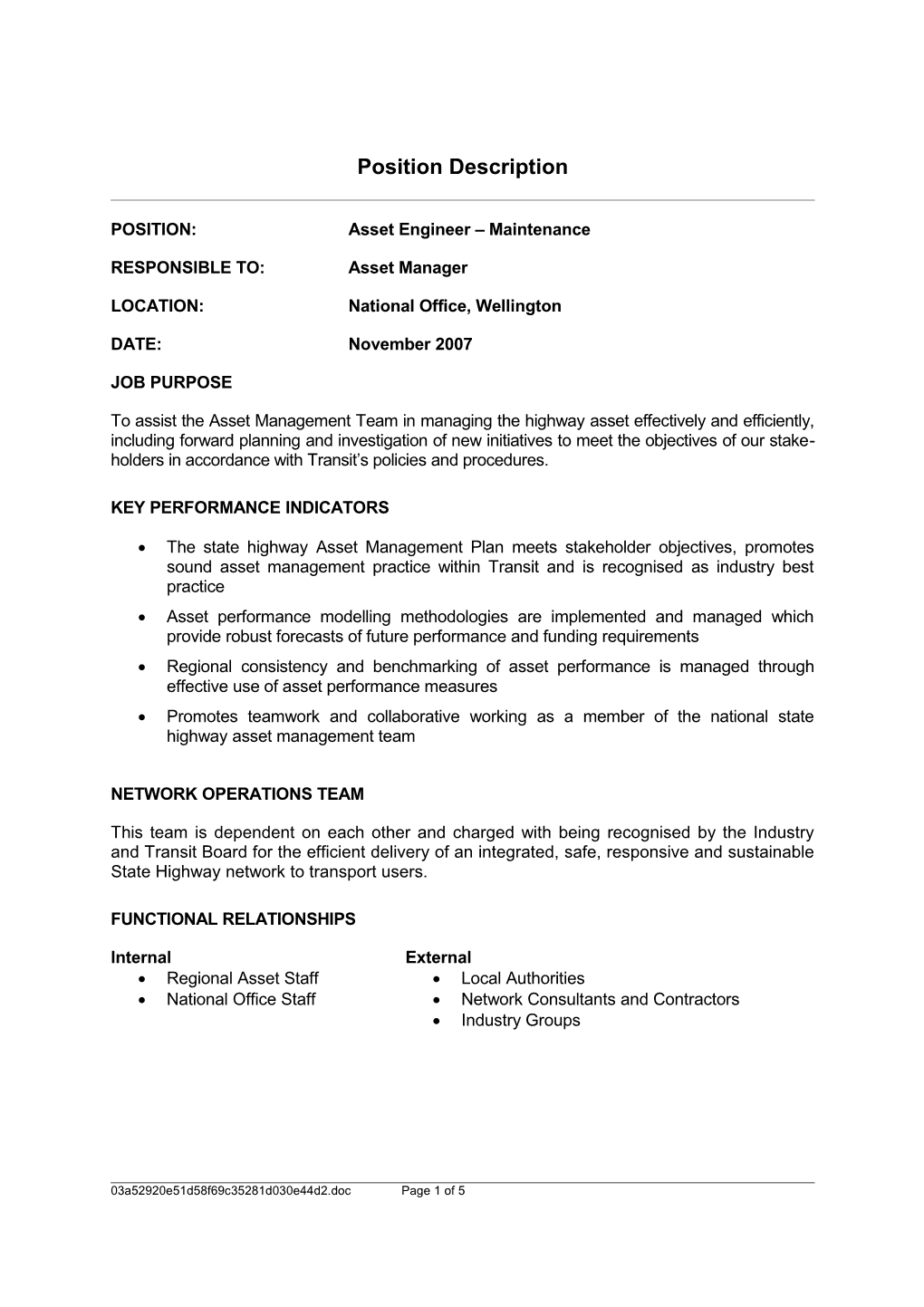 POSITION: Asset Engineer Maintenance