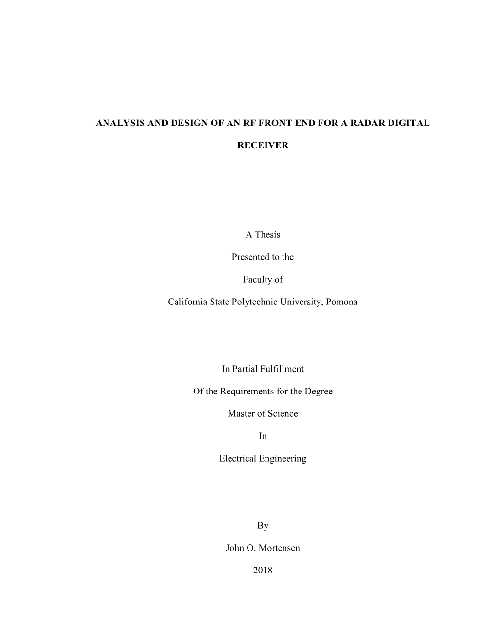 Analysis and Design of an Rf Front End for a Radar Digital Receiver