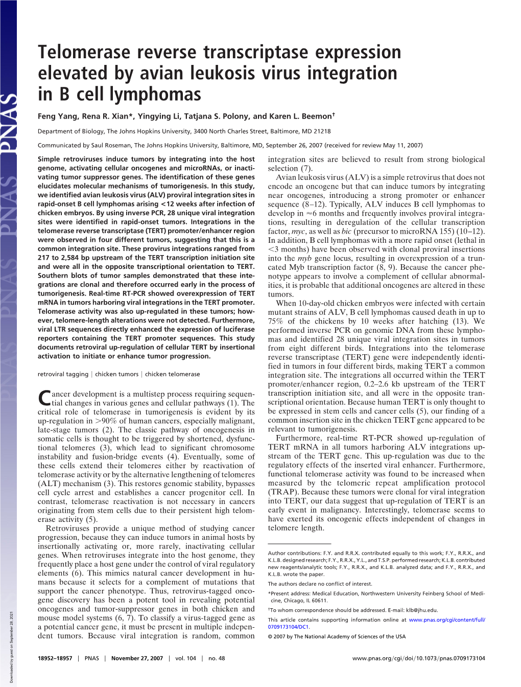 Telomerase Reverse Transcriptase Expression Elevated by Avian Leukosis Virus Integration in B Cell Lymphomas