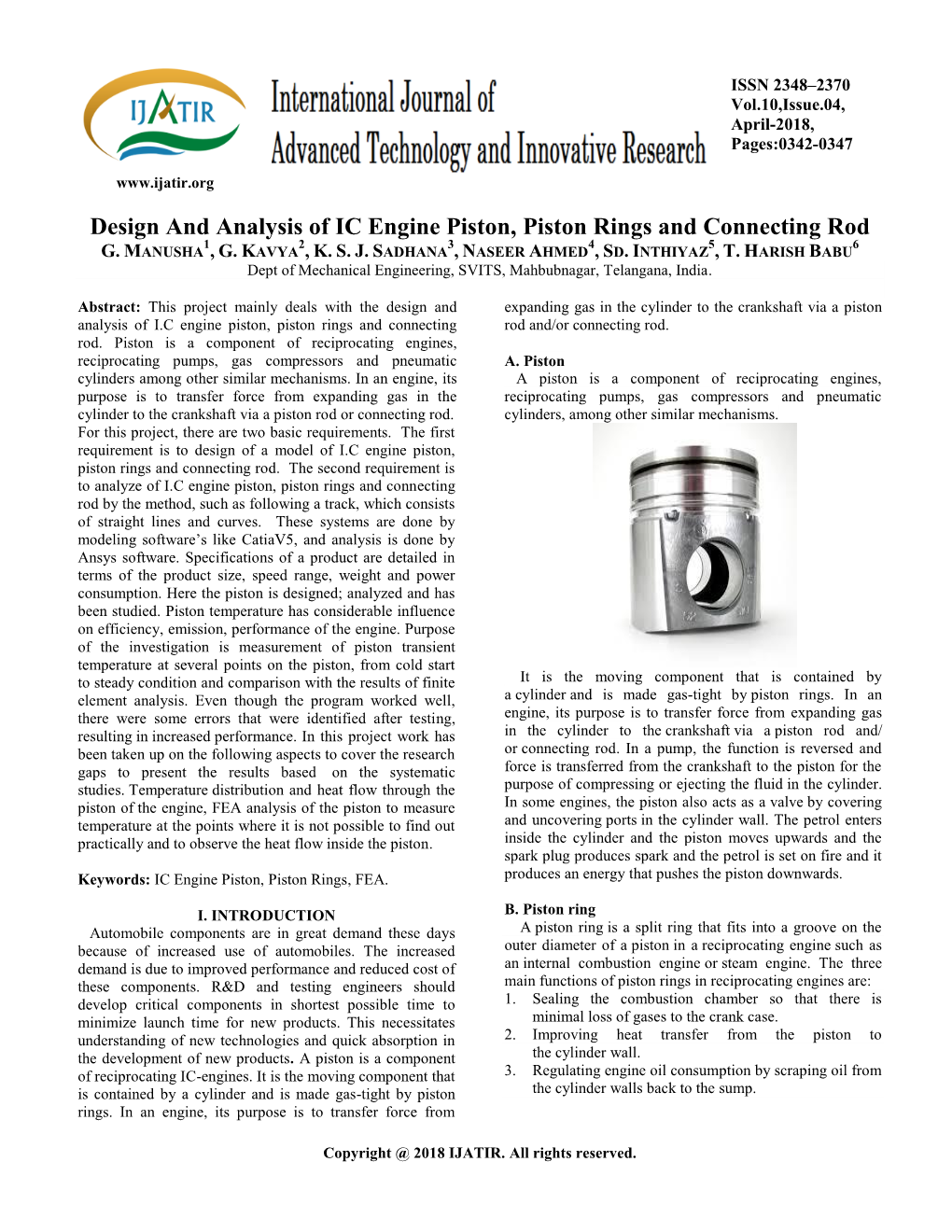 Design and Analysis of IC Engine Piston, Piston Rings and Connecting Rod 1 2 3 4 5 6 G