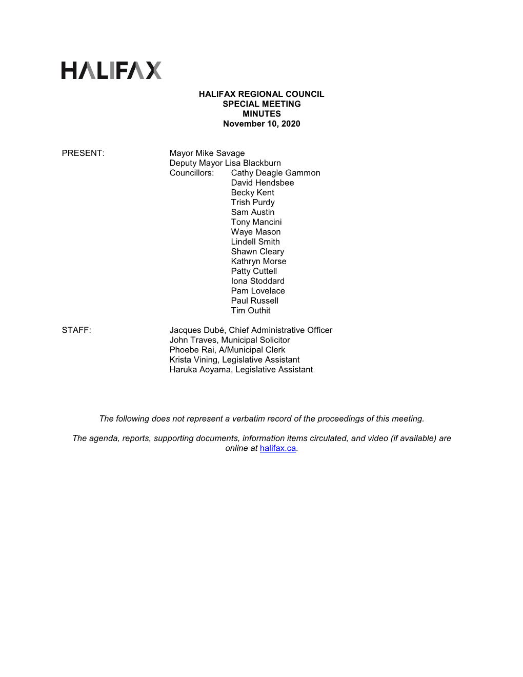 November 10, 2020 Halifax Regional Council Special Meeting Minutes