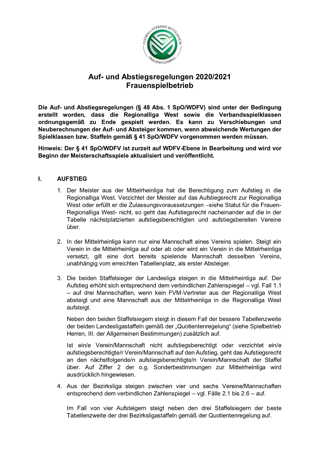 Auf- Und Abstiegsregelungen 2020/2021 Frauenspielbetrieb