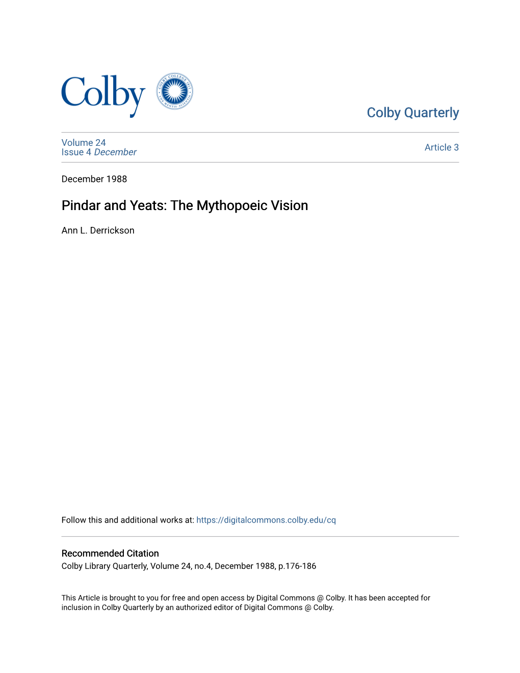 Pindar and Yeats: the Mythopoeic Vision