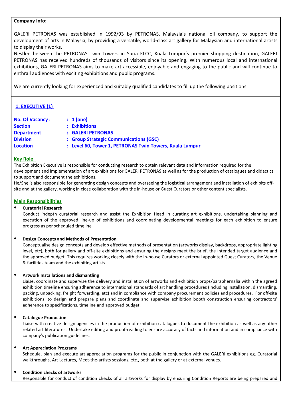 Vacant Position in GP (Exhibitions Executive)