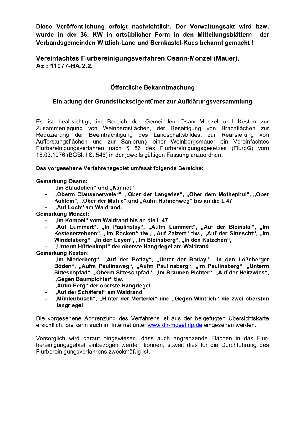 Vereinfachtes Flurbereinigungsverfahren Osann-Monzel (Mauer), Az.: 11077-HA.2.2