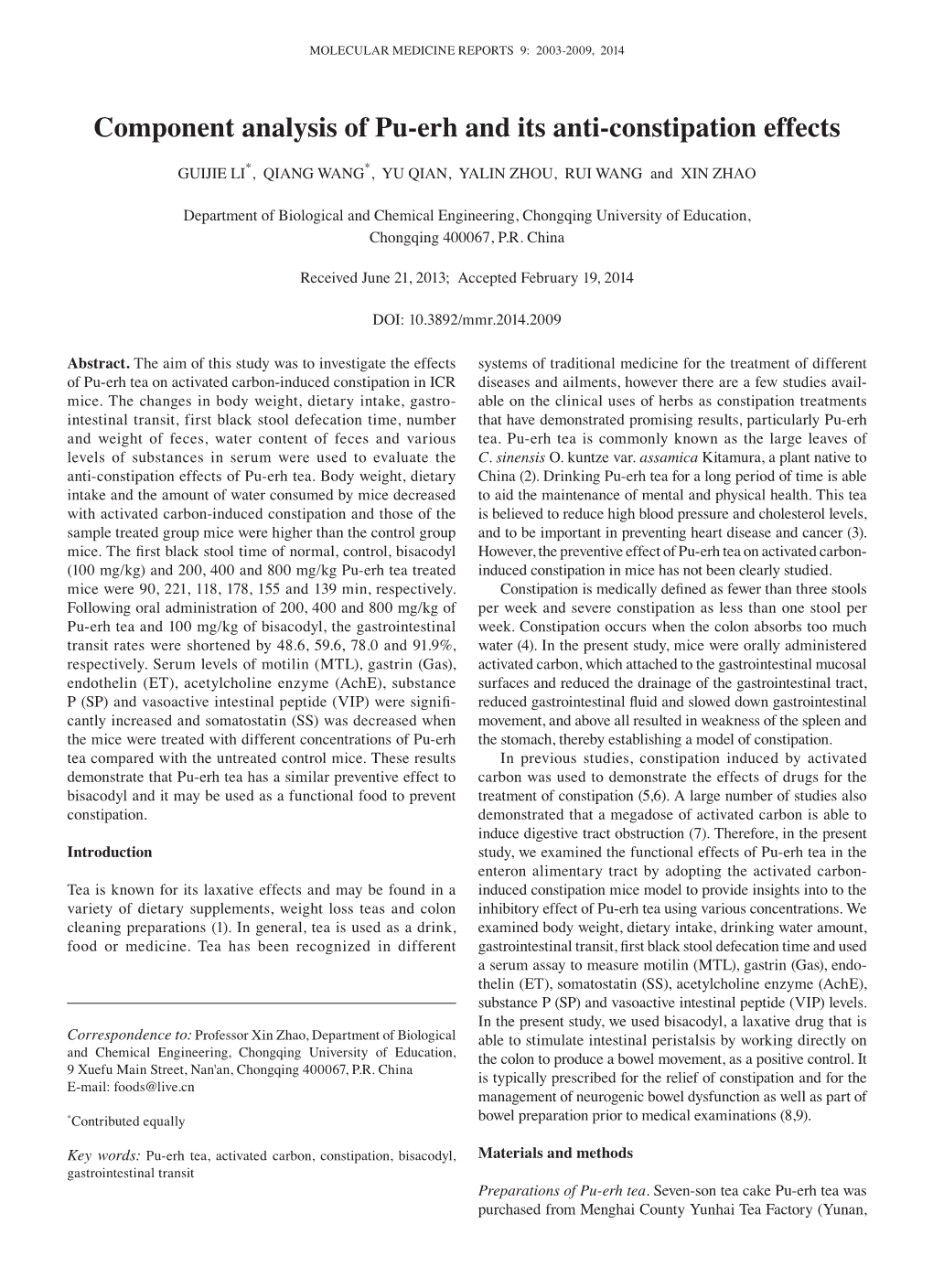 Component Analysis of Pu-Erh and Its Anti-Constipation Effects