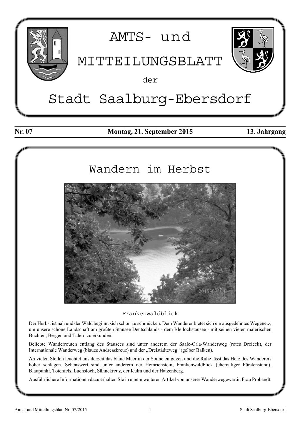 AMTS- Und MITTEILUNGSBLATT Stadt Saalburg-Ebersdorf