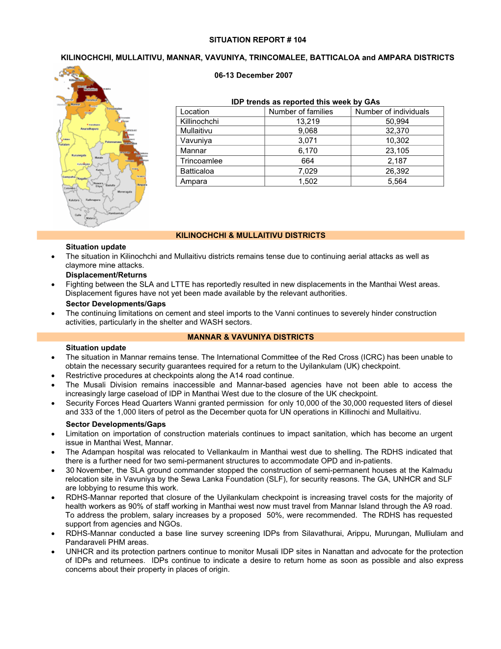 Situation Report # 104 Kilinochchi, Mullaitivu